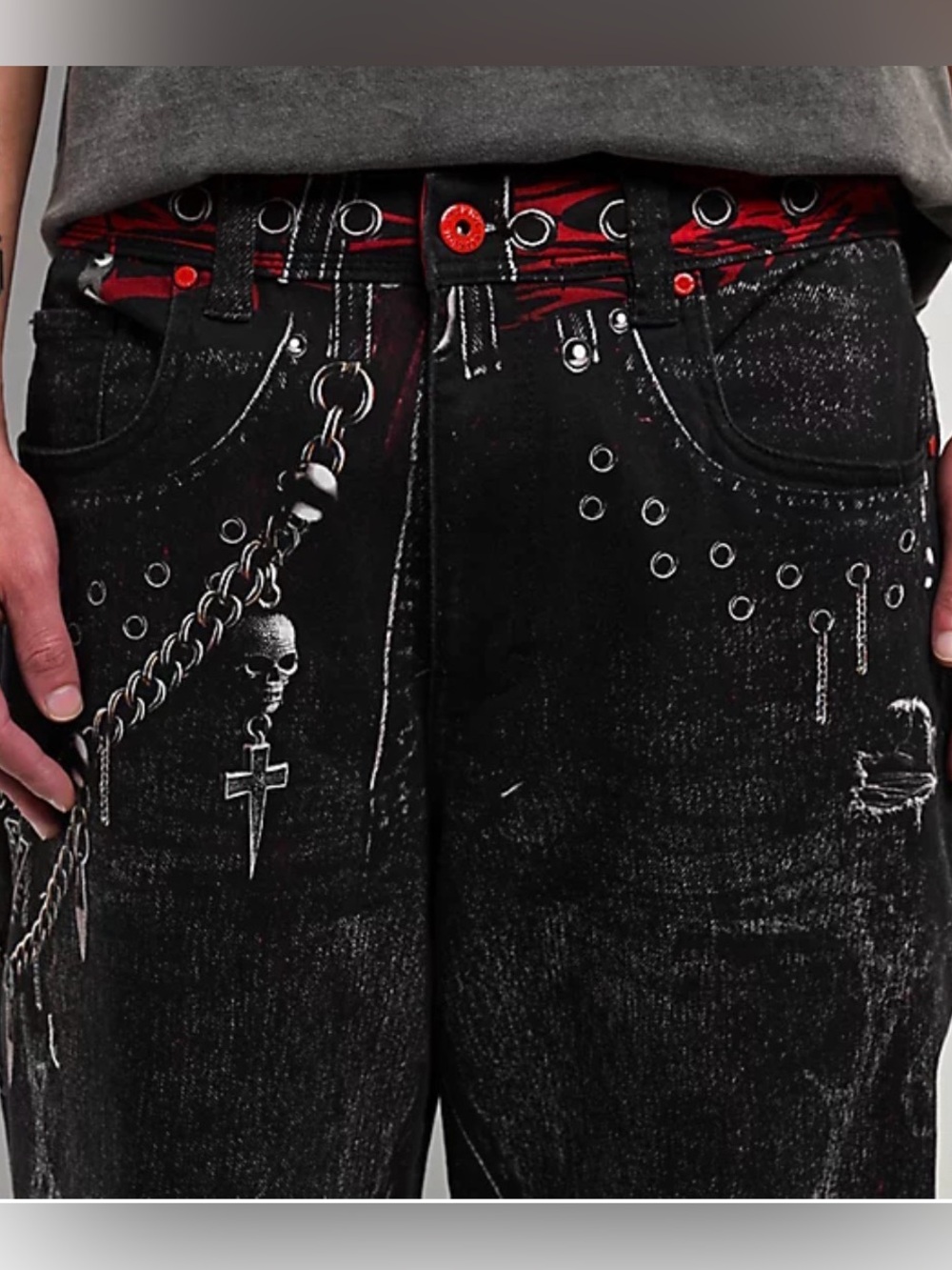 Vitriol Black wide-leg Y2K style Men's Jeans with Skull Chain Detail